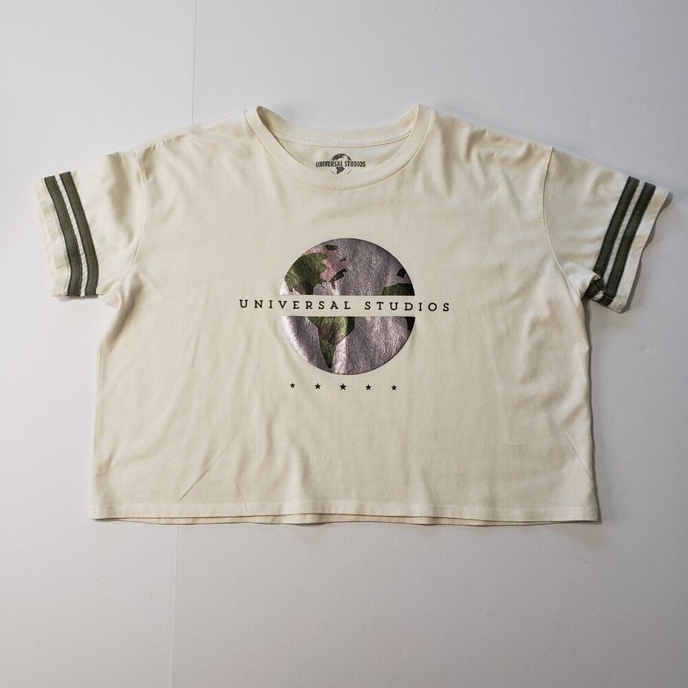 Universal Studios Women's Size Large Crop Top Ivory Green & Silver Globe Graphic - Picture 5 of 14